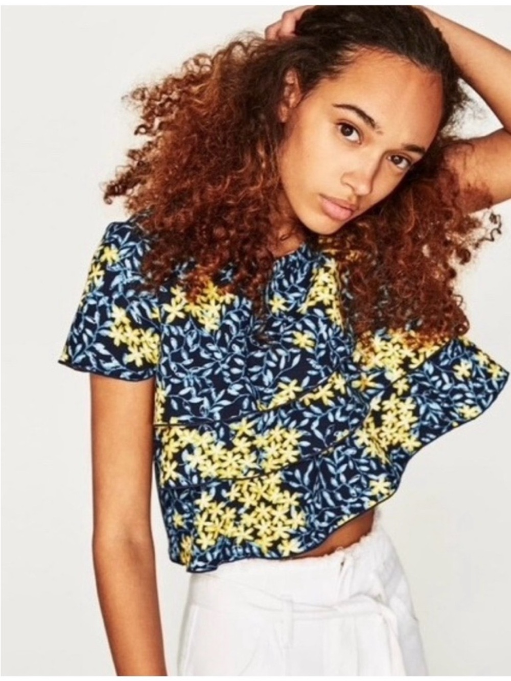 Zara Basic crop top blue yellow floral layered ruffles short sleeves